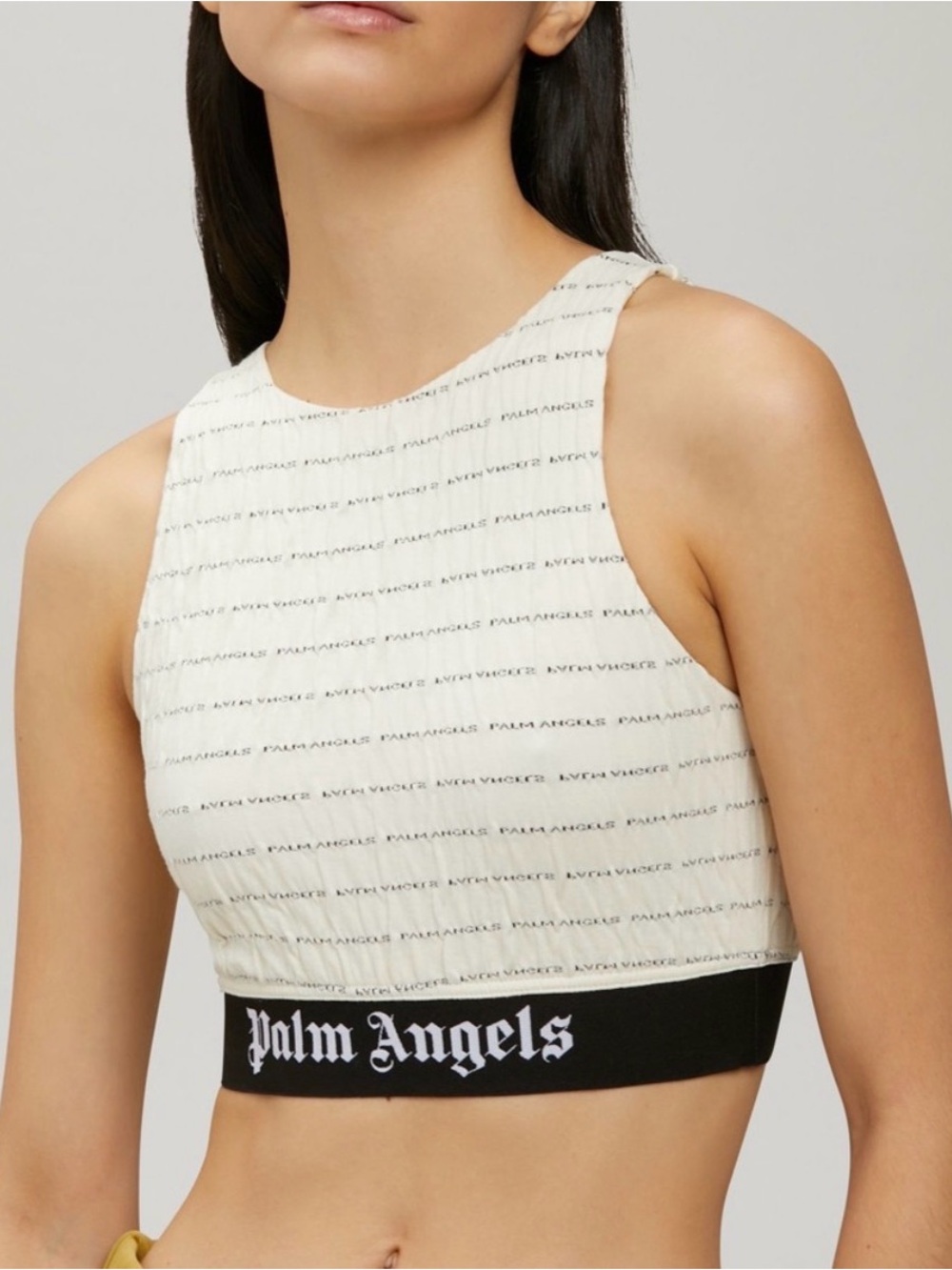 Palm Angels // Cream Logo Print Crinkled Jersey Crop Top